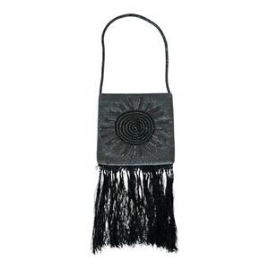 Elegant Silver & Black Beaded Fringe Bag